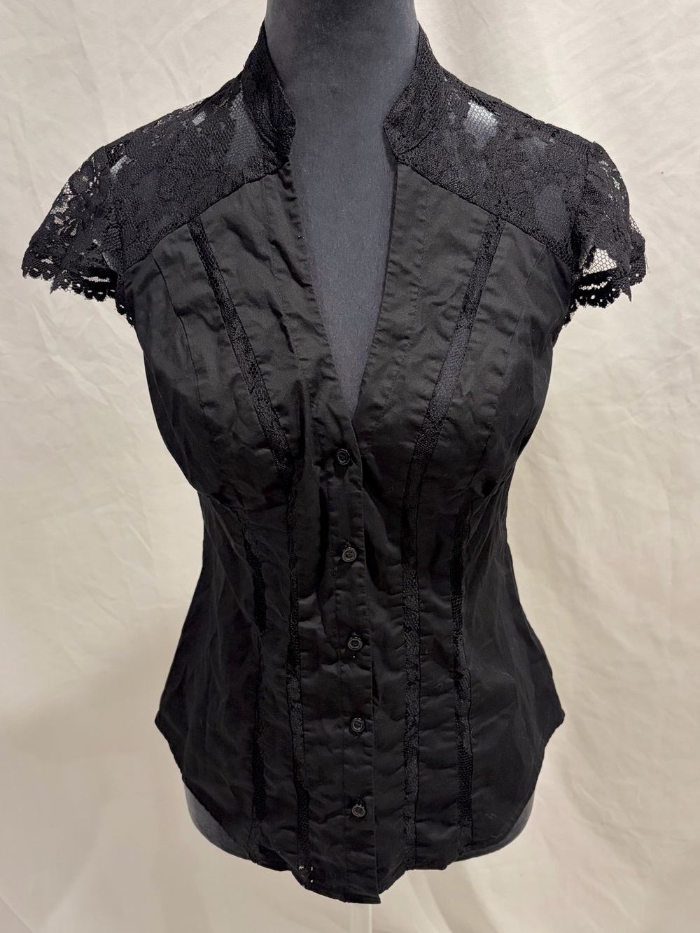 Moda International Black Lace Cap-Sleeve Button Down Top